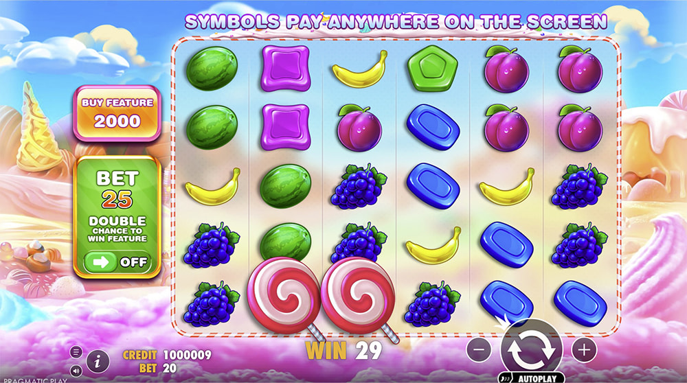 Игровой процесс Sweet Bonanza — игровое поле 6x5 с символами конфет и фруктов
